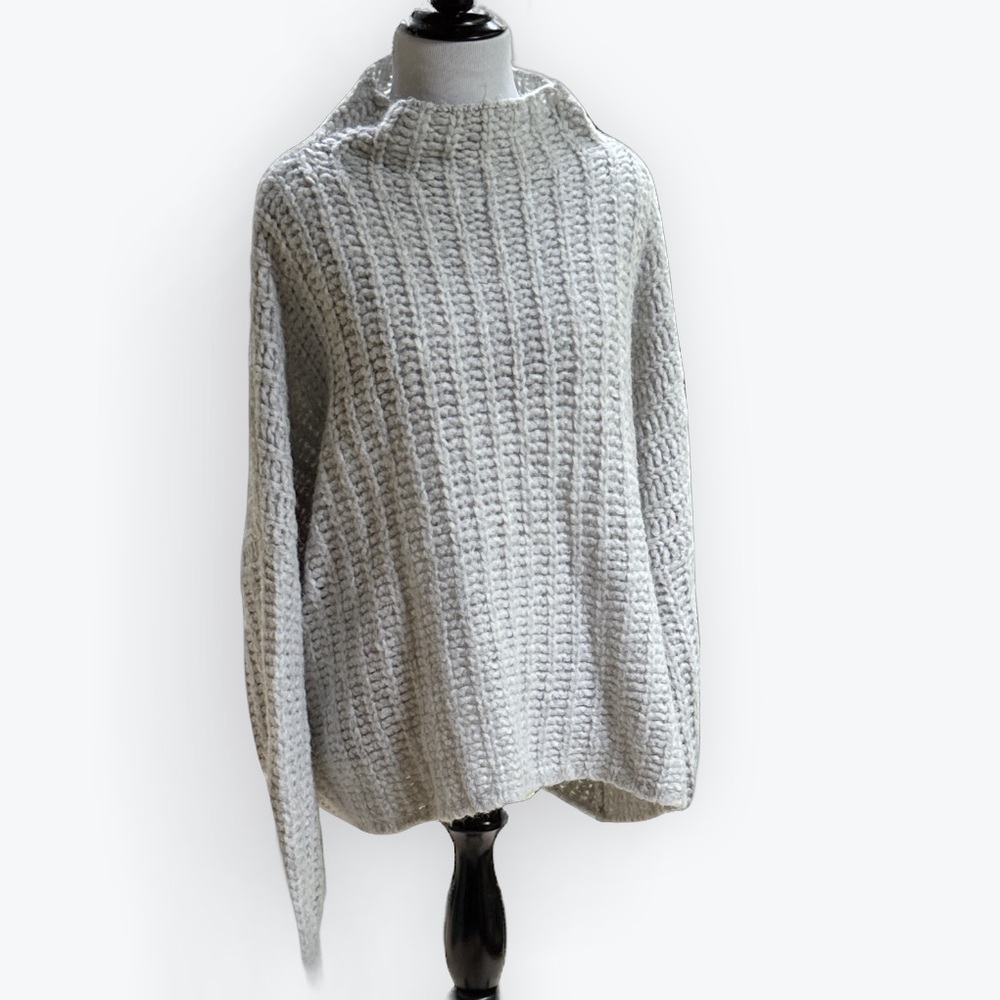 Clean Girl Cozy Neutral Chunky Knit Pale Gray Loose Mock Turtleneck Sweater ~XXL